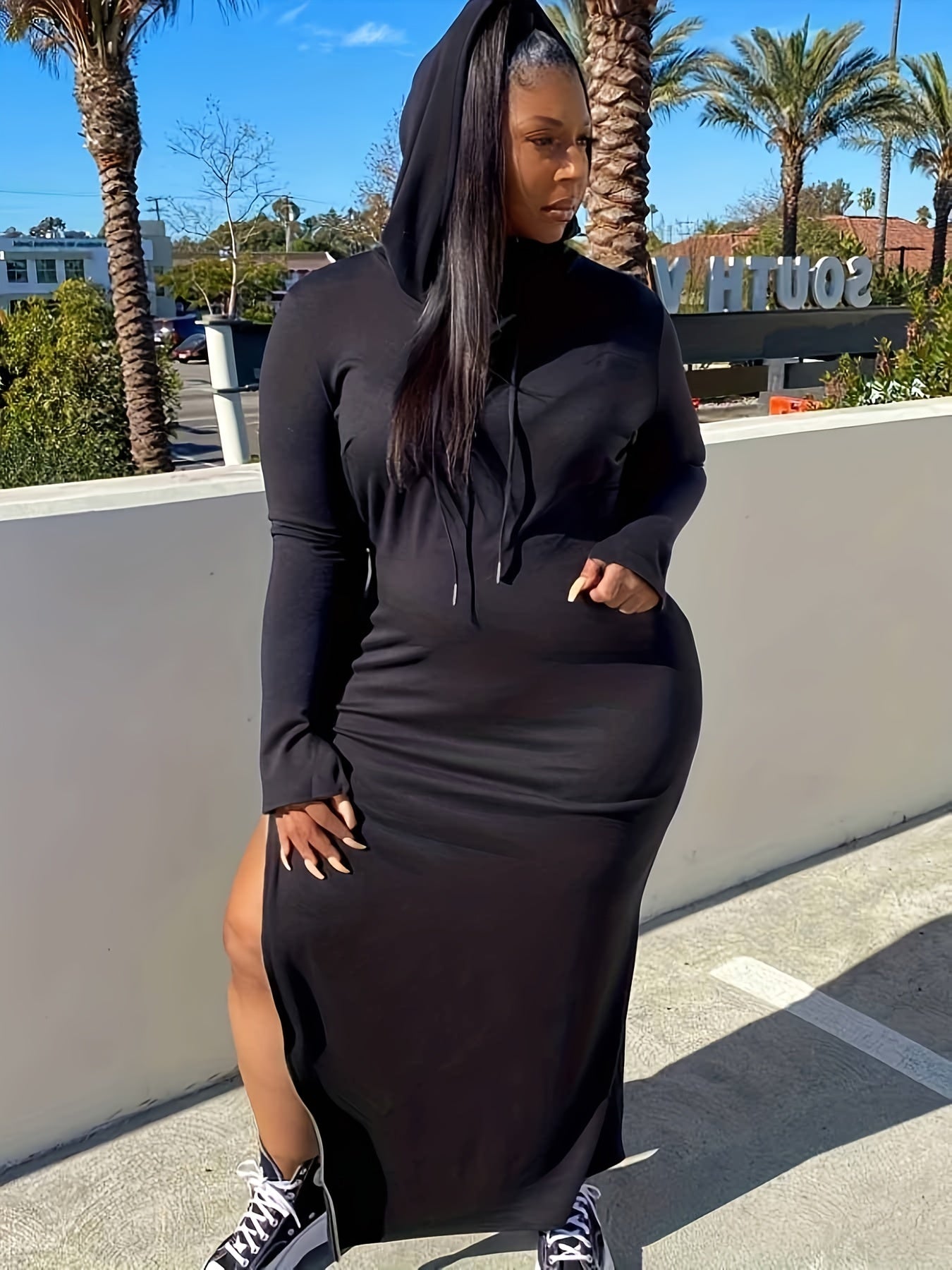  Solid Long Sleeve Sweatshirt Dress with Drawstring Split