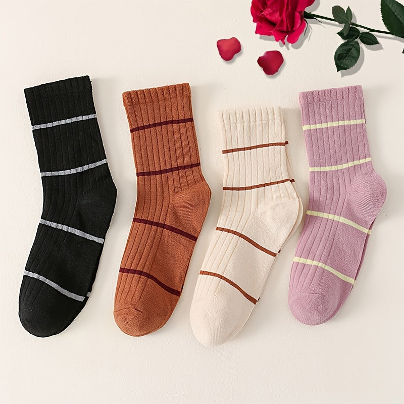 Set of 4 Comfy Retro Striped Crew Socks Women's Stockings