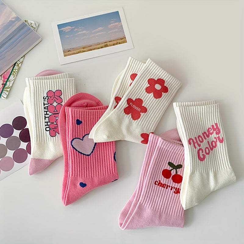 5 Pairs Letter & Heart Print Socks Women's Stockings