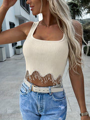 Rhinestone Tassel Tank Top Solid Sleeveless Summer Tank Top