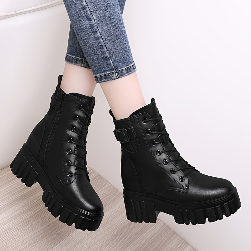 Metal Buckle Ankle Combat Boots Lace Up & Zipper Women's Footwear