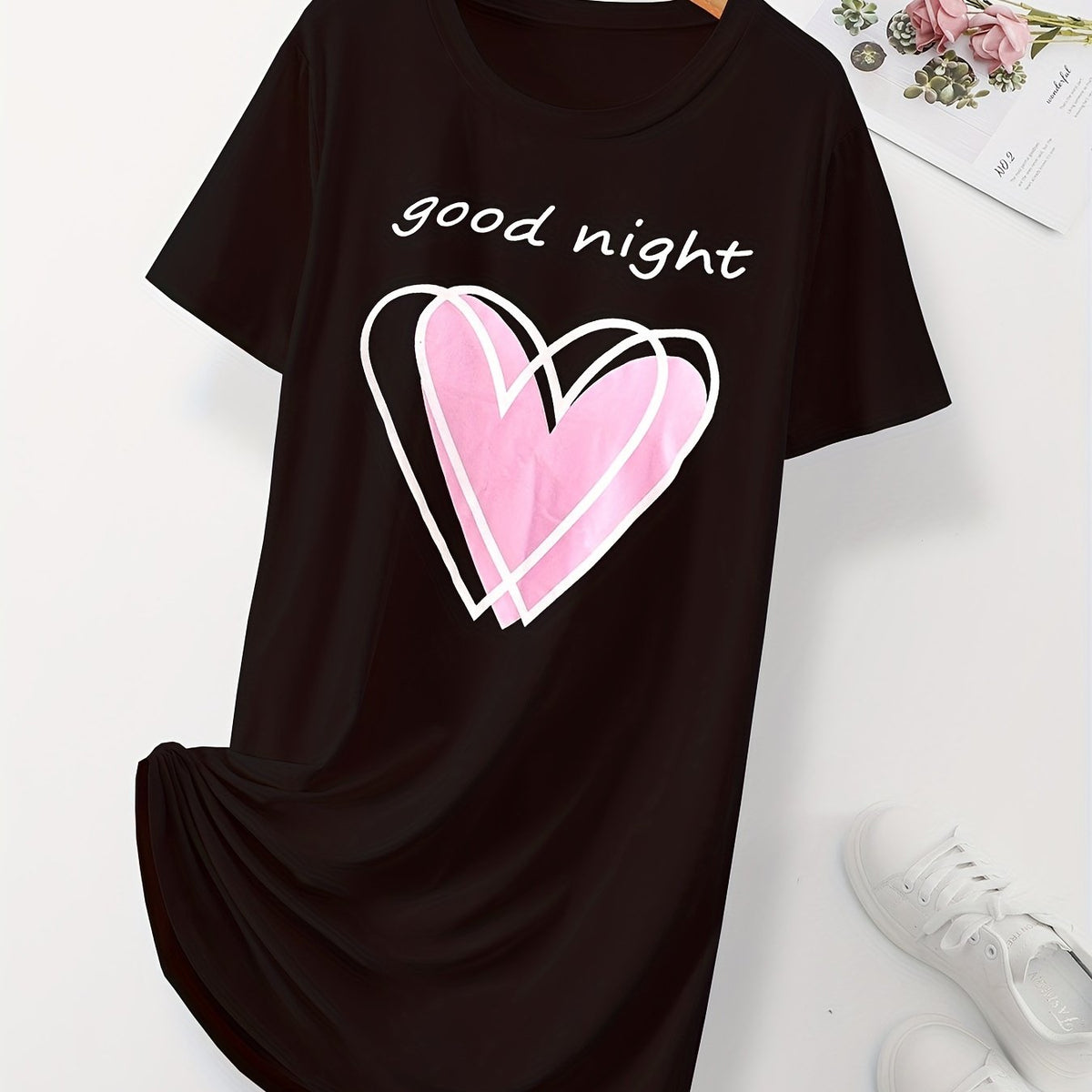  Heart & Letter Print Round Neck Sleep Dress