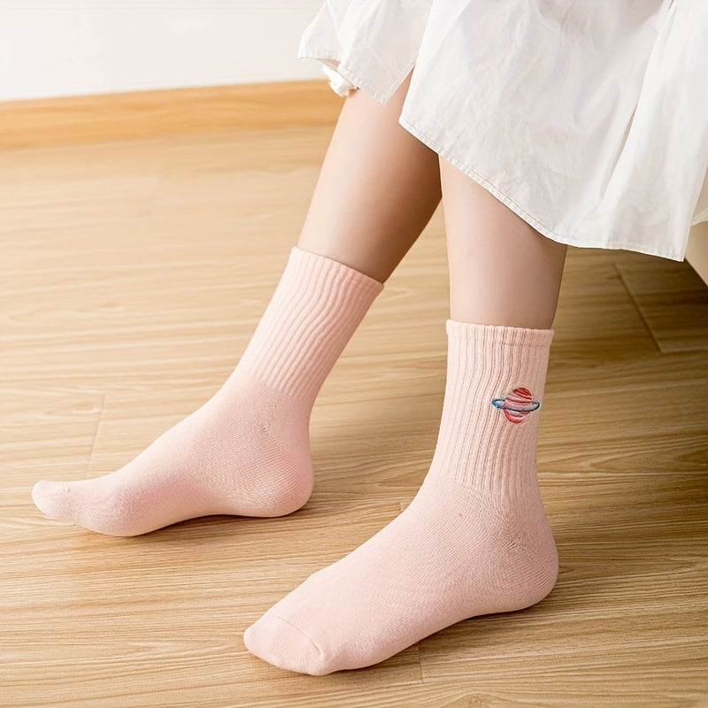 5 Pairs Planet Embroidery Print Socks Women's Mid Tube Stockings