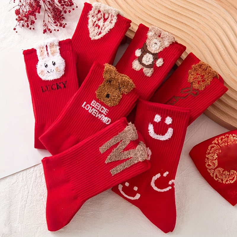 4 Pairs Cartoon Pattern Socks Chinese Year Women's Stockings