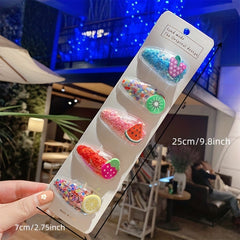 5 Pcs Sparkle Fruit Snap Hair Clips for Girls - Quicksand Bling Sequin Hairpins