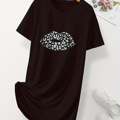 Leopard Lip Print NightDress Short Sleeve Crew Neck Loose Pajama Dress