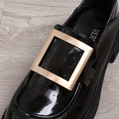 Metallic Buckle Chunky Heel Loafers Faux Leather Comfortable Walking Shoes