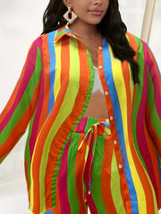  Stripe Print Long Sleeve Shirt & Shorts Set