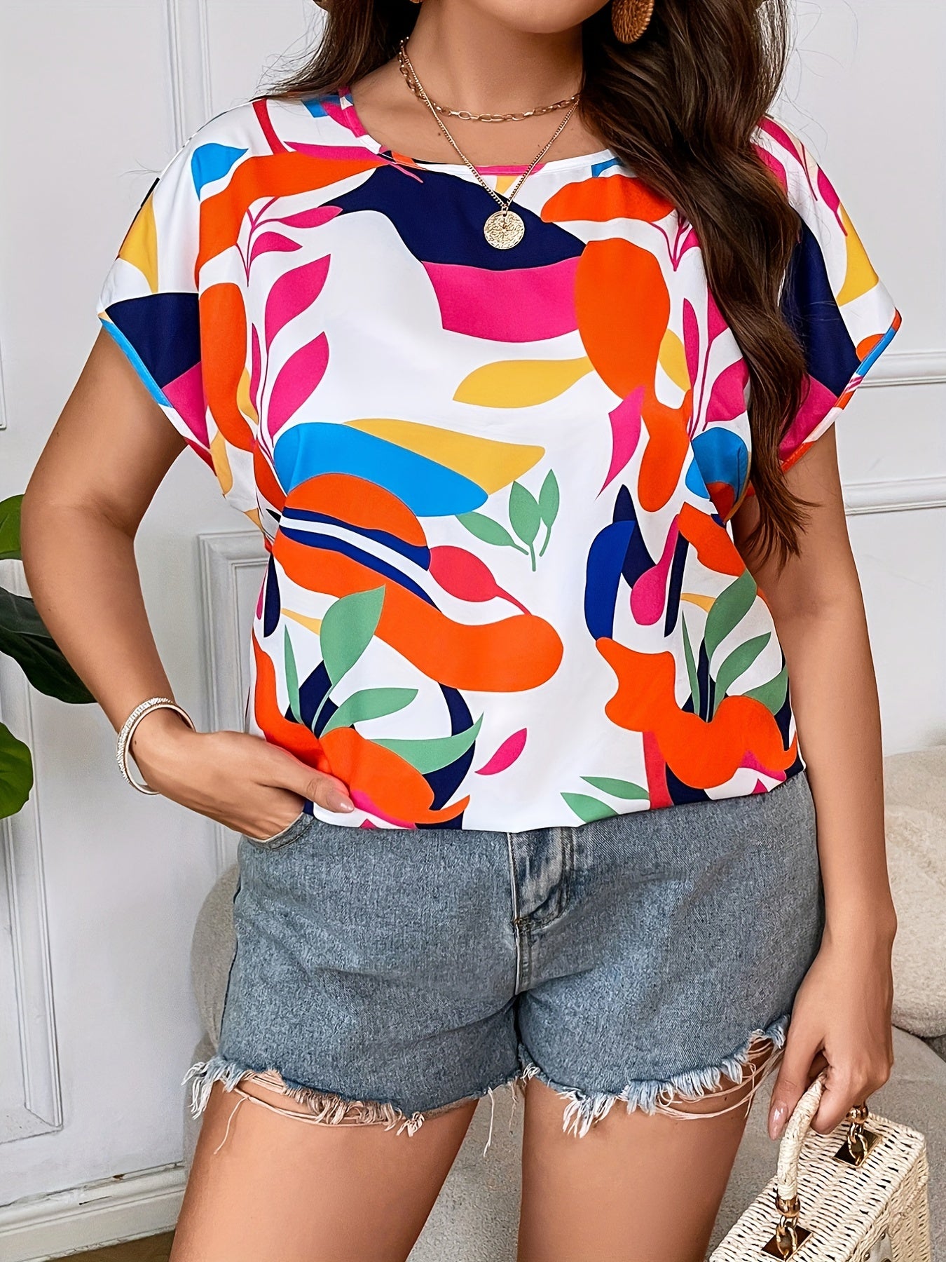  Floral Print Twist Back Bat Sleeve Top