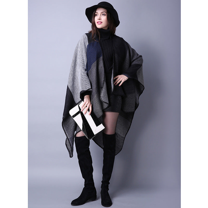 Vintage Block Shawl Cashmere Warm Wrap Large Blanket Scarf Poncho Capes Cloak