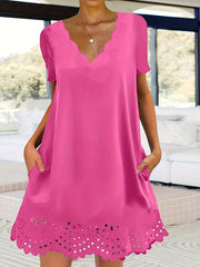  Casual Dress Women's Solid Cut Out Scalloped Trim Dress