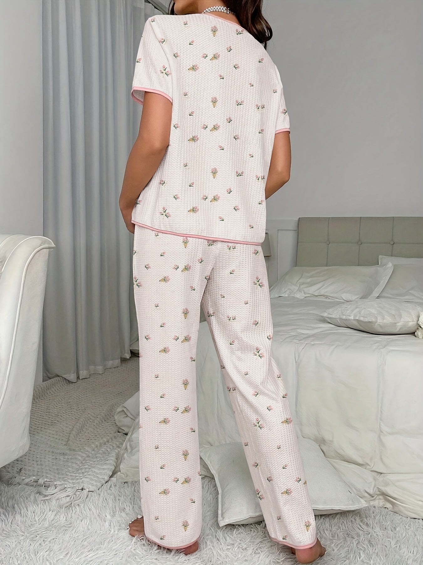 Floral Lounge Set Short Sleeve Top & Pants