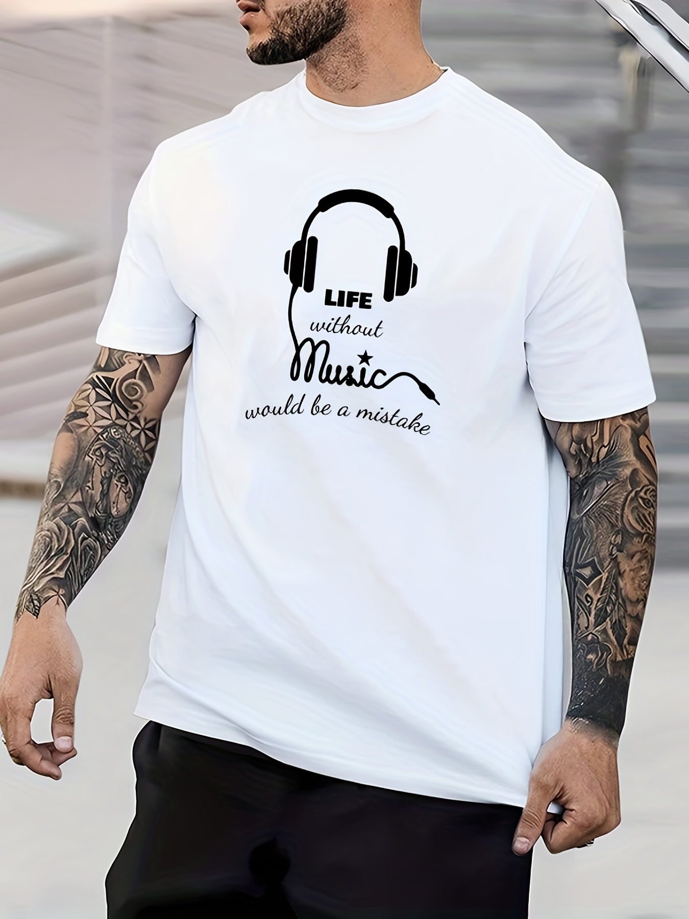 Headphone Smile Print Men's Graphic Crew Neck T-Shirt for Summer