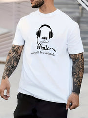 Headphone Smile Print Men's Graphic Crew Neck T-Shirt for Summer