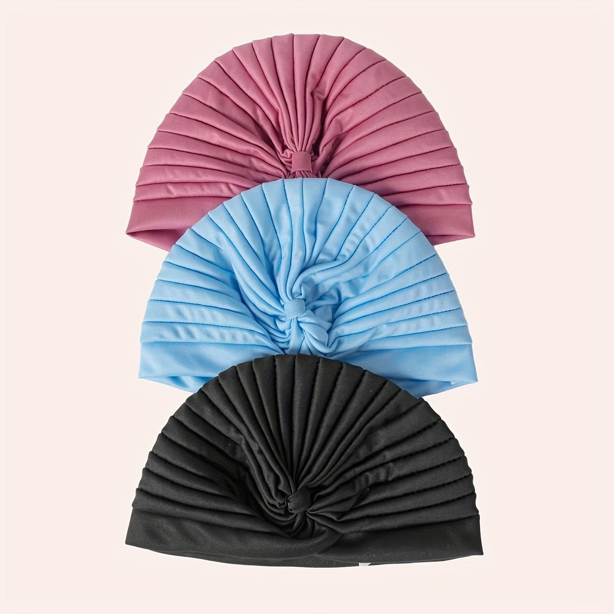3pcs Pleated Turban Cap Solid Head Wraps Women Ramadan Hijab Chemo Hats