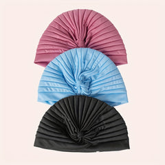 3pcs Pleated Turban Cap Solid Head Wraps Women Ramadan Hijab Chemo Hats