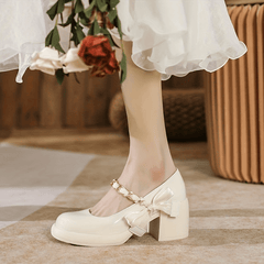 Women's Chunky Heeled Mary Jane Patent Leather Chain Strap Bowknot Shoes