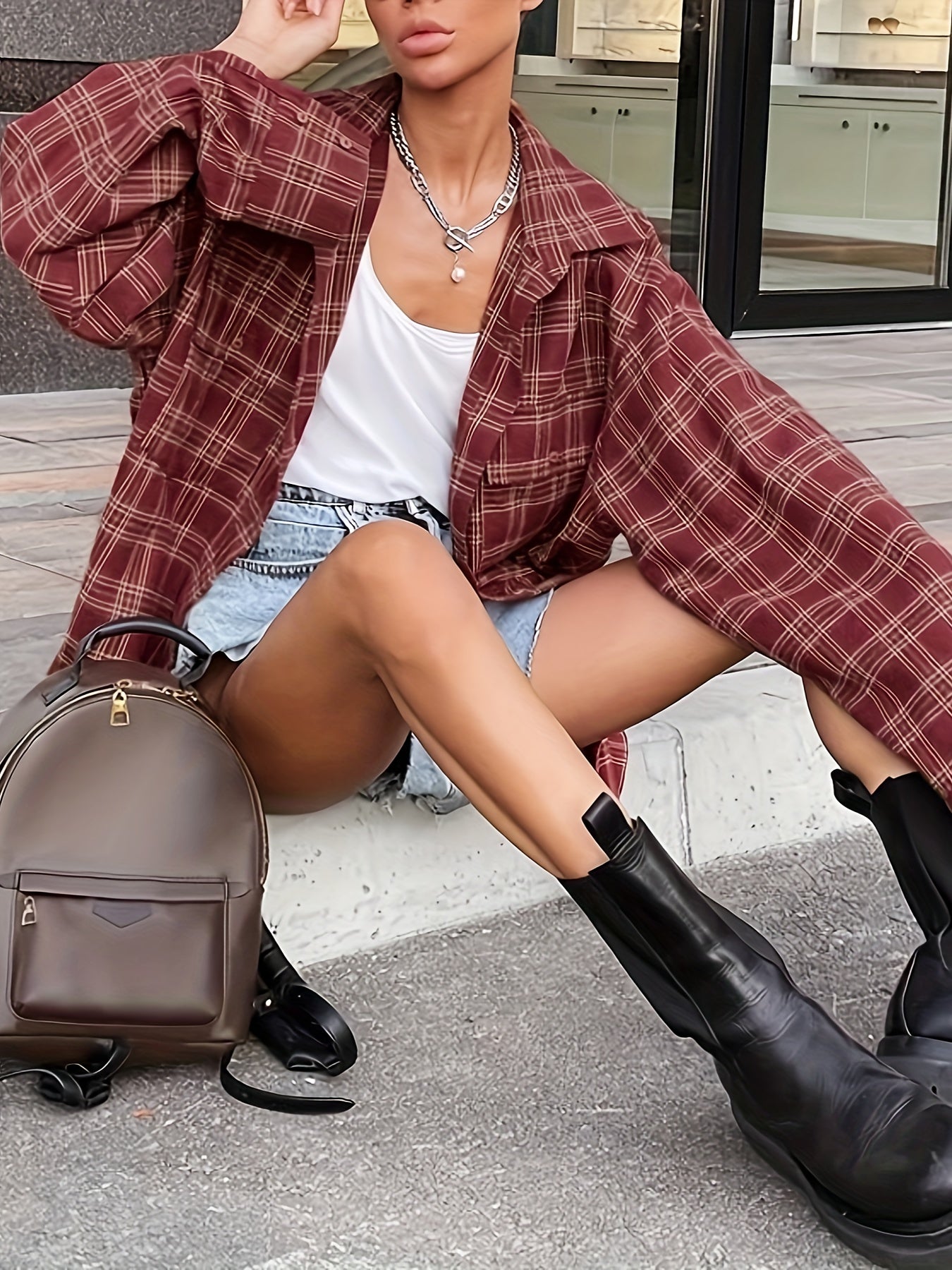  Plaid Print Button Up Long Sleeve Oversized Blouse