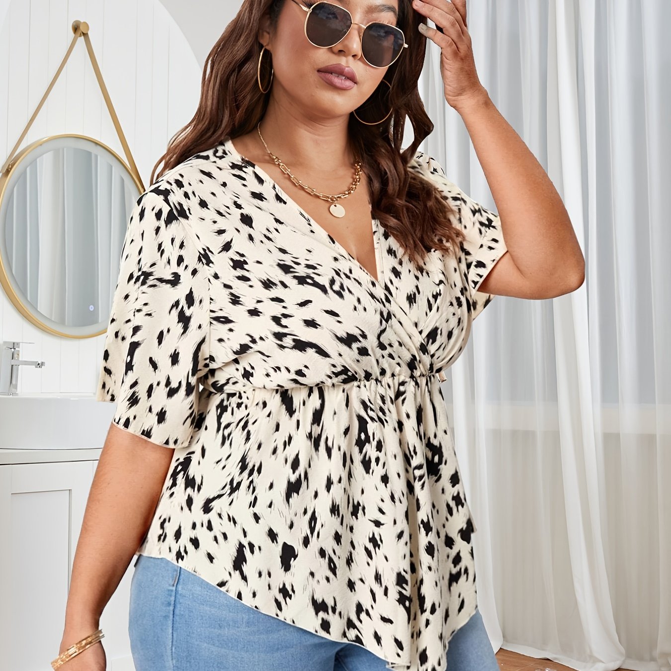  Leopard Print Faux Wrap Peplum Blouse