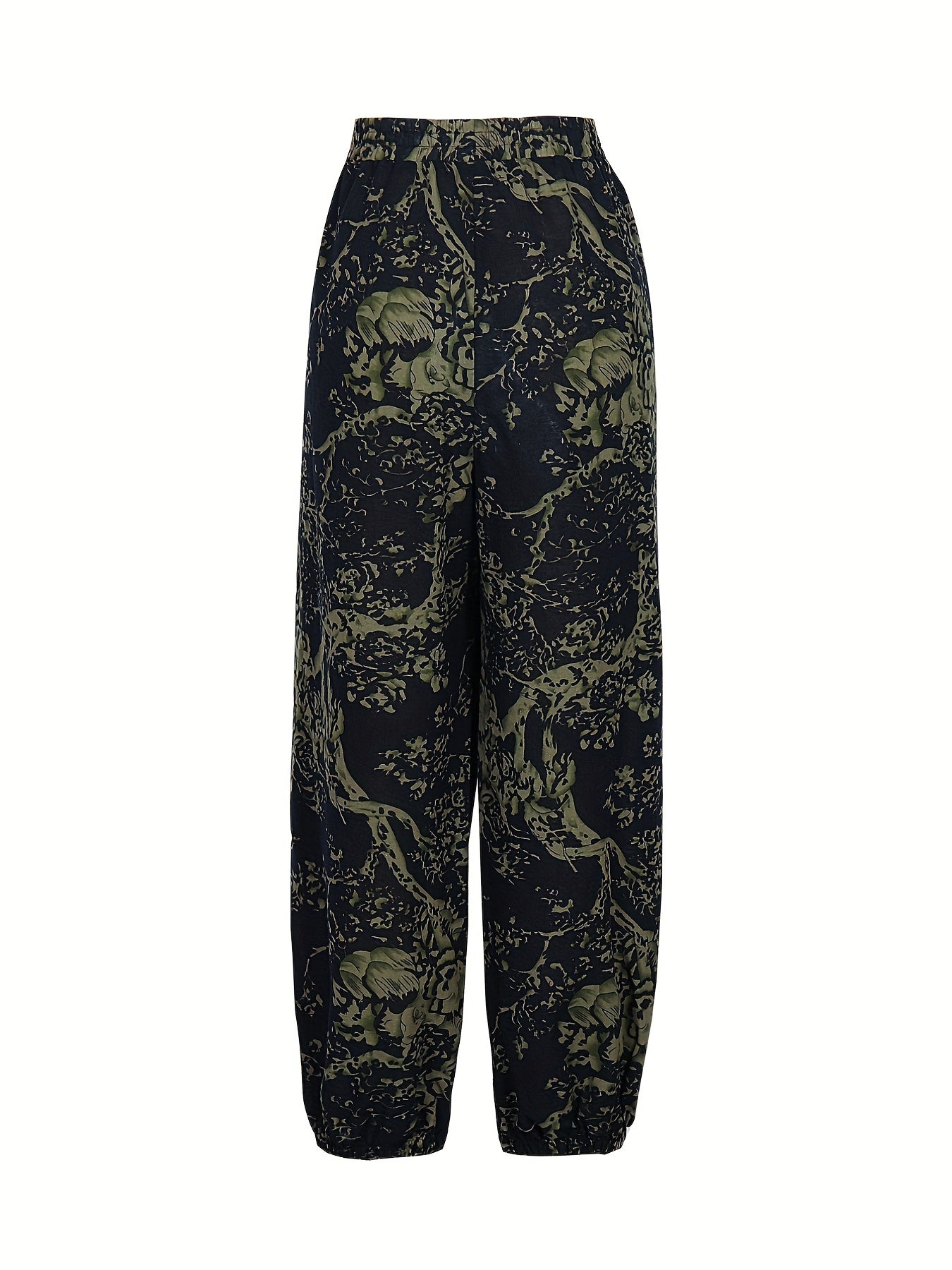  Floral Print Elastic Drawstring High Rise Slight Stretch Carrot Pants