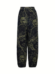  Floral Print Elastic Drawstring High Rise Slight Stretch Carrot Pants