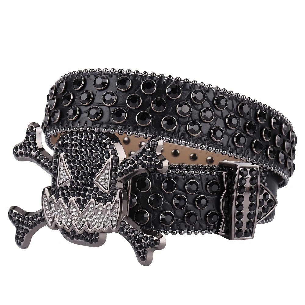 Big Rhinestone Skull Buckle Belt Punk Stone Crystal Studded Waist Strap For Men