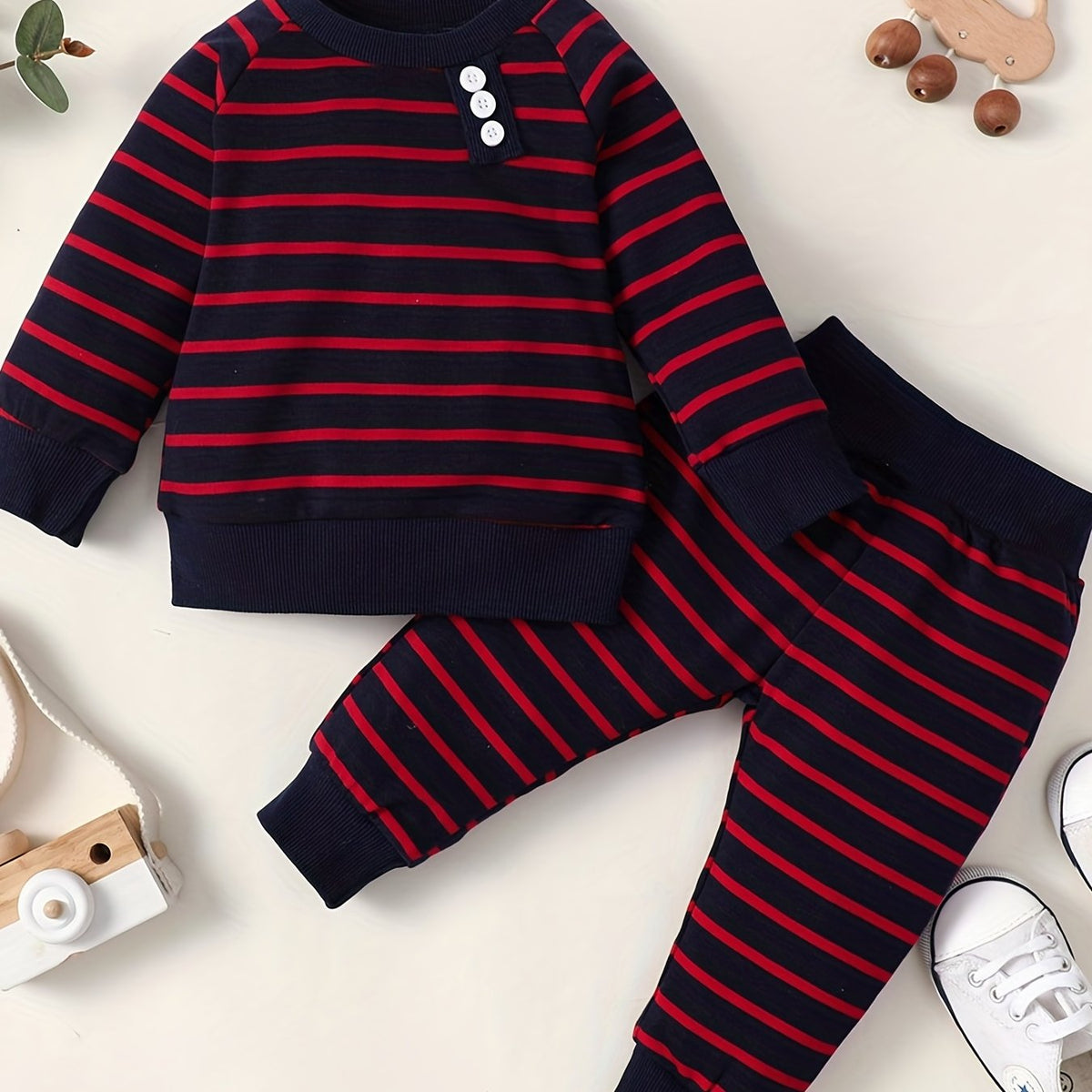Diagonal Street Ribbed Collar Long Sleeved Top Baby Boy's 2pc Set
