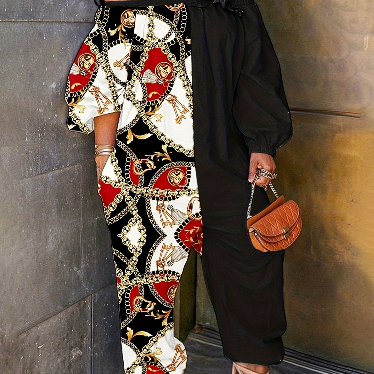  Colorblock Chain Print Off Shoulder Jumpsuit