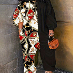  Colorblock Chain Print Off Shoulder Jumpsuit
