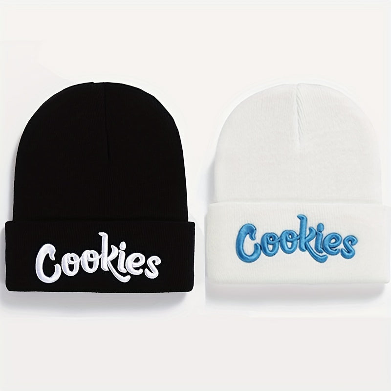 2pcs Letter Embroidery Beanie Cap Hip Hop Knit Hat Warm Skull Cap