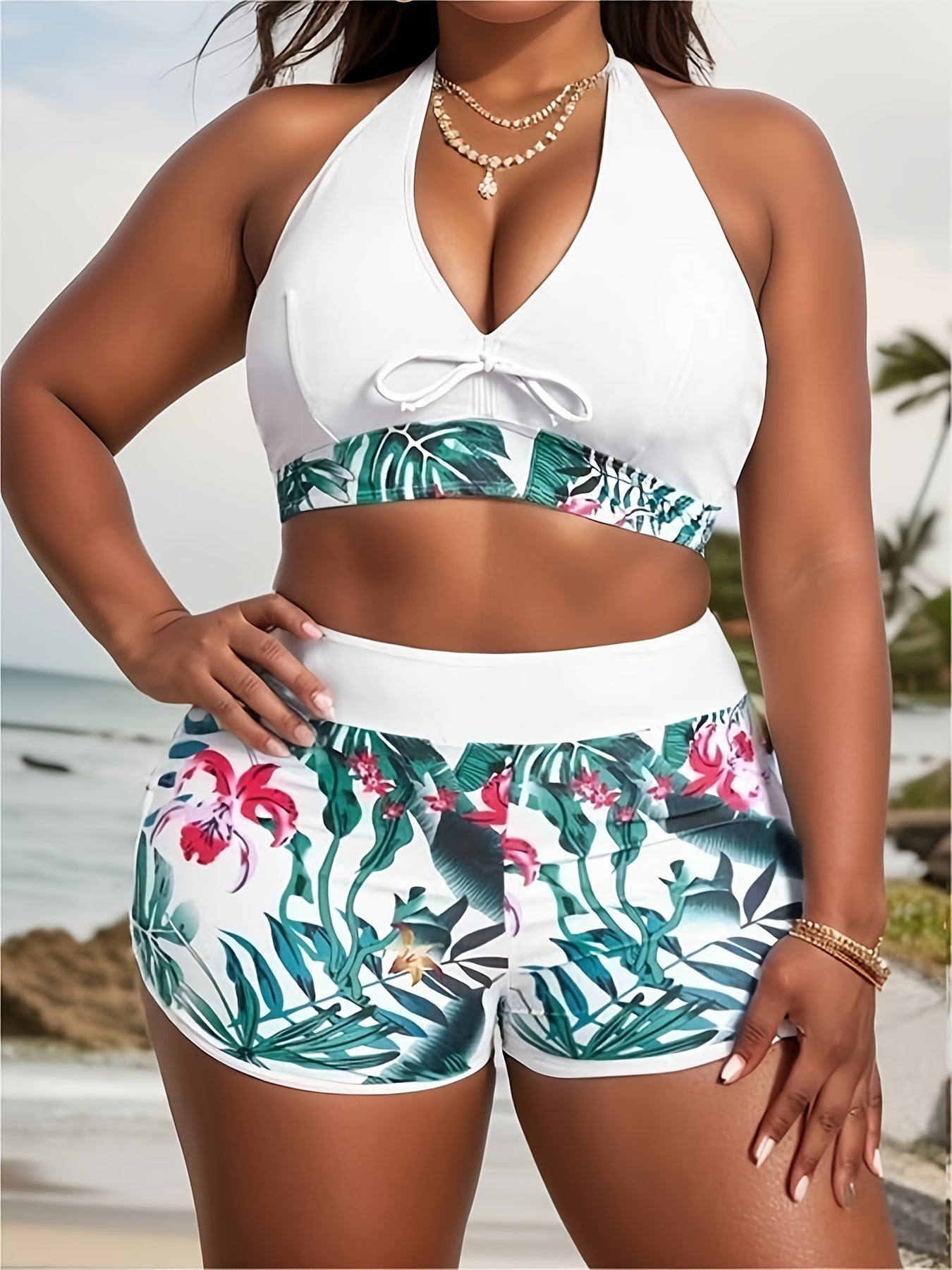  Tropical Print Bikini Set Halter Top & Shorts Swimsuit