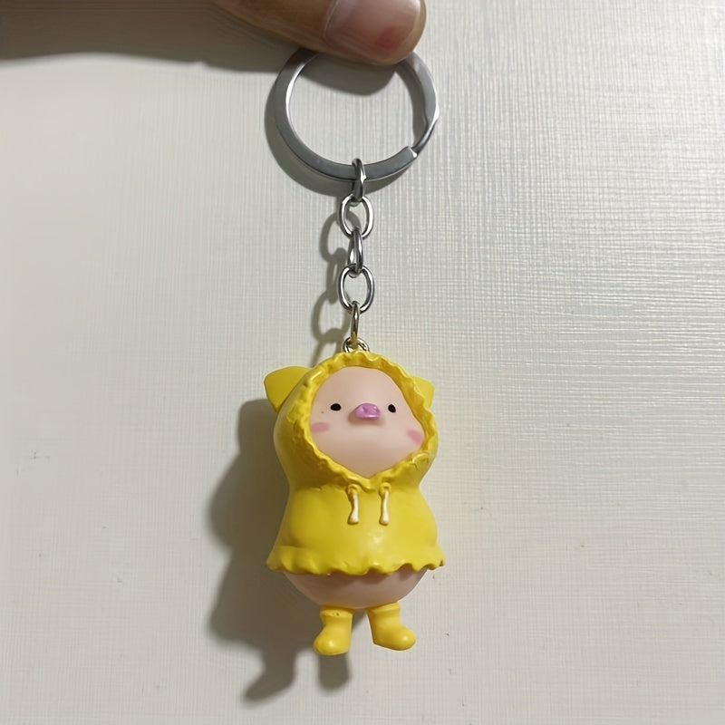 Cartoon Pig Raincoat Keychain Pendant Resin Doll Key Ring Bag Accessories