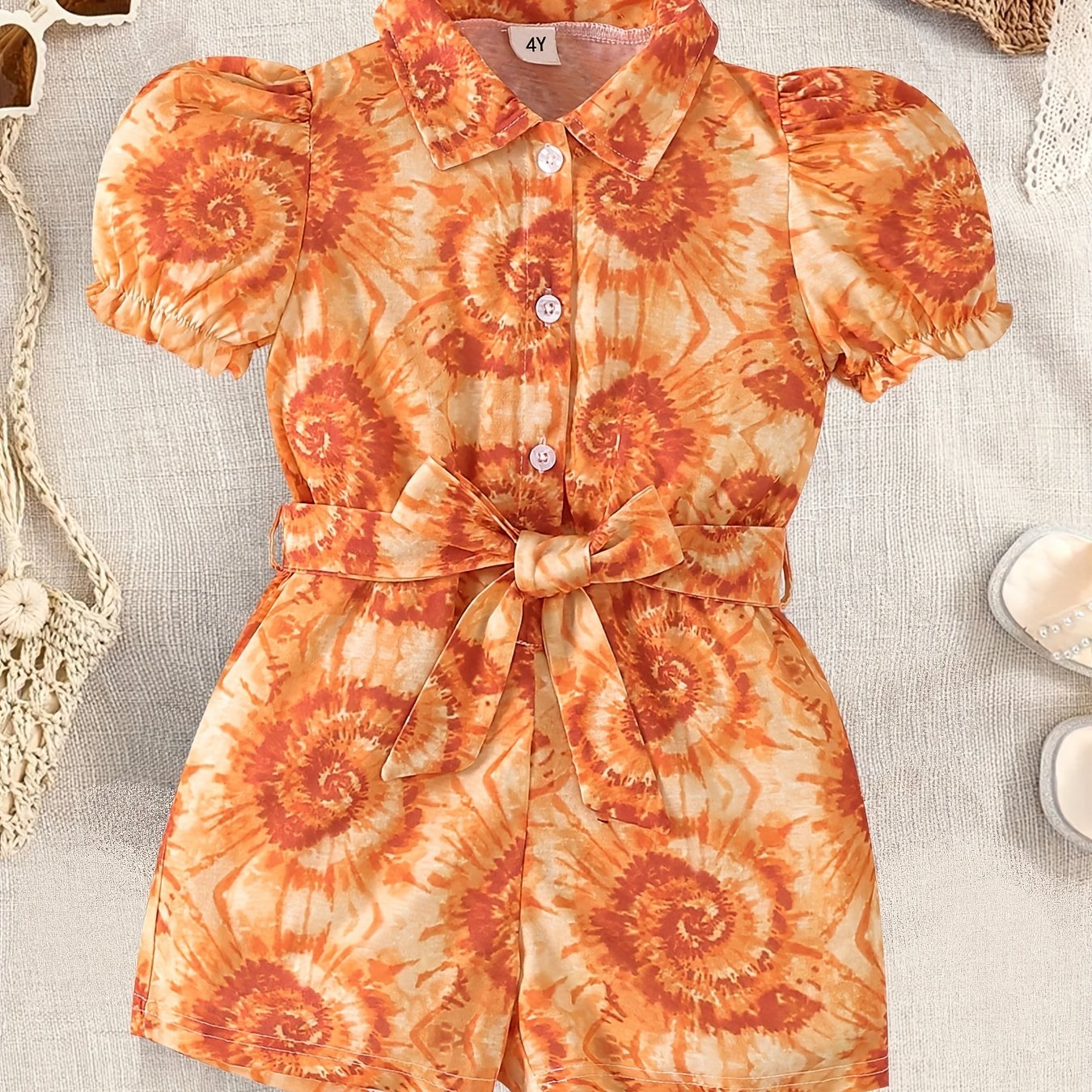 Girls Tie Dye Full Print Button Down Short Sleeve Romper Kids Jumpsuit