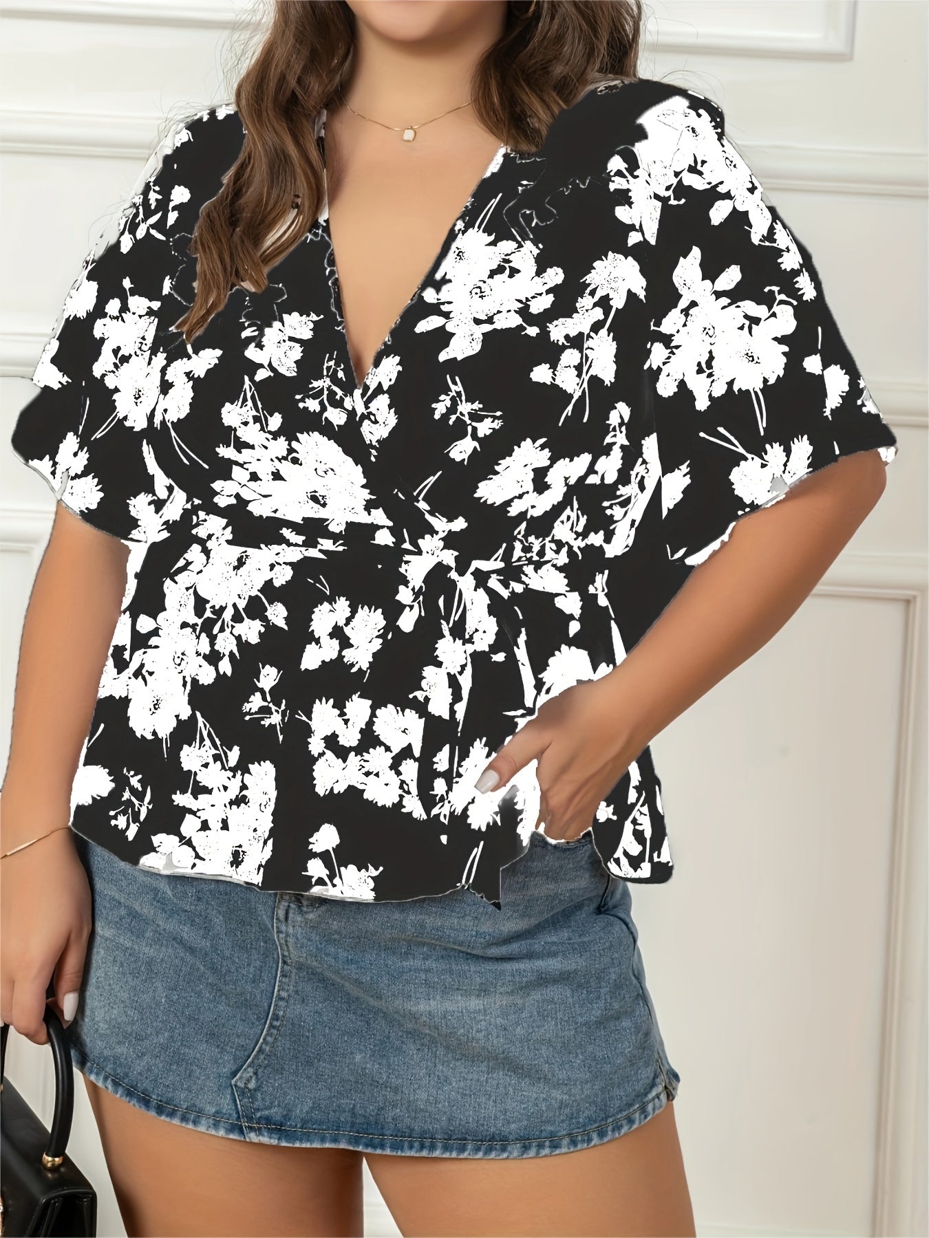 Floral Flutter Sleeve Peplum Blouse With Belt