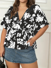 Floral Flutter Sleeve Peplum Blouse With Belt