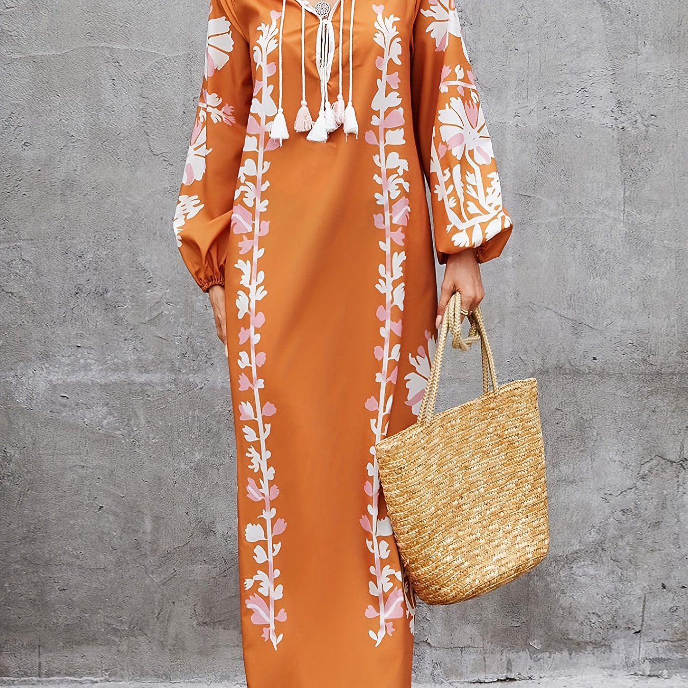 Women's Plus Floral Print Kaftan Maxi Dress with Tassel Detail