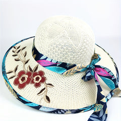 Vintage Flower Embroidery Sun Hat Beige Hollow Crochet Straw Hat UV Protection