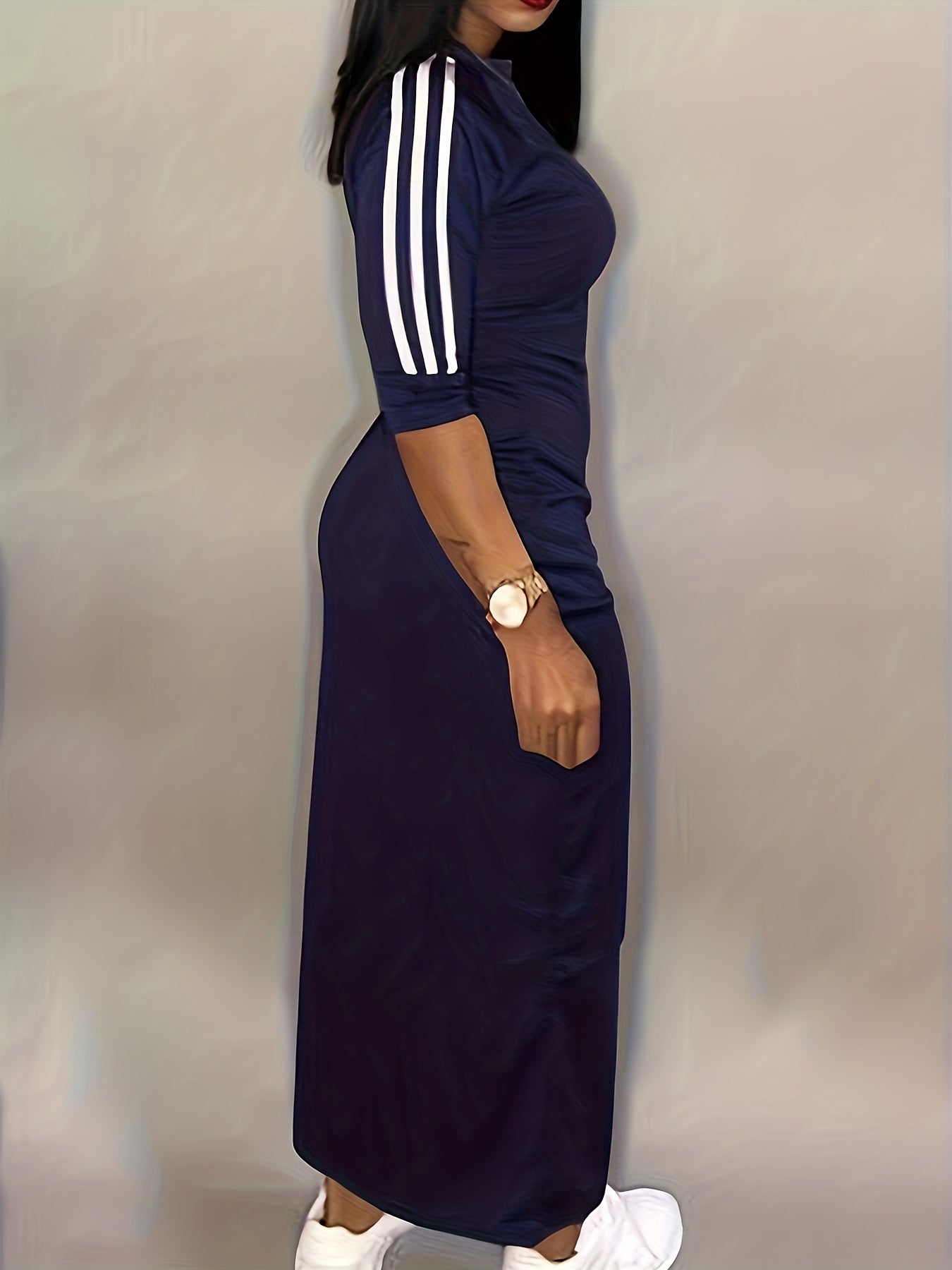 Plus Letter & Stripe Half Sleeve Maxi Dress