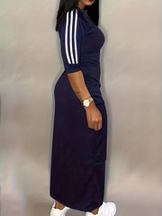 Plus Letter & Stripe Half Sleeve Maxi Dress
