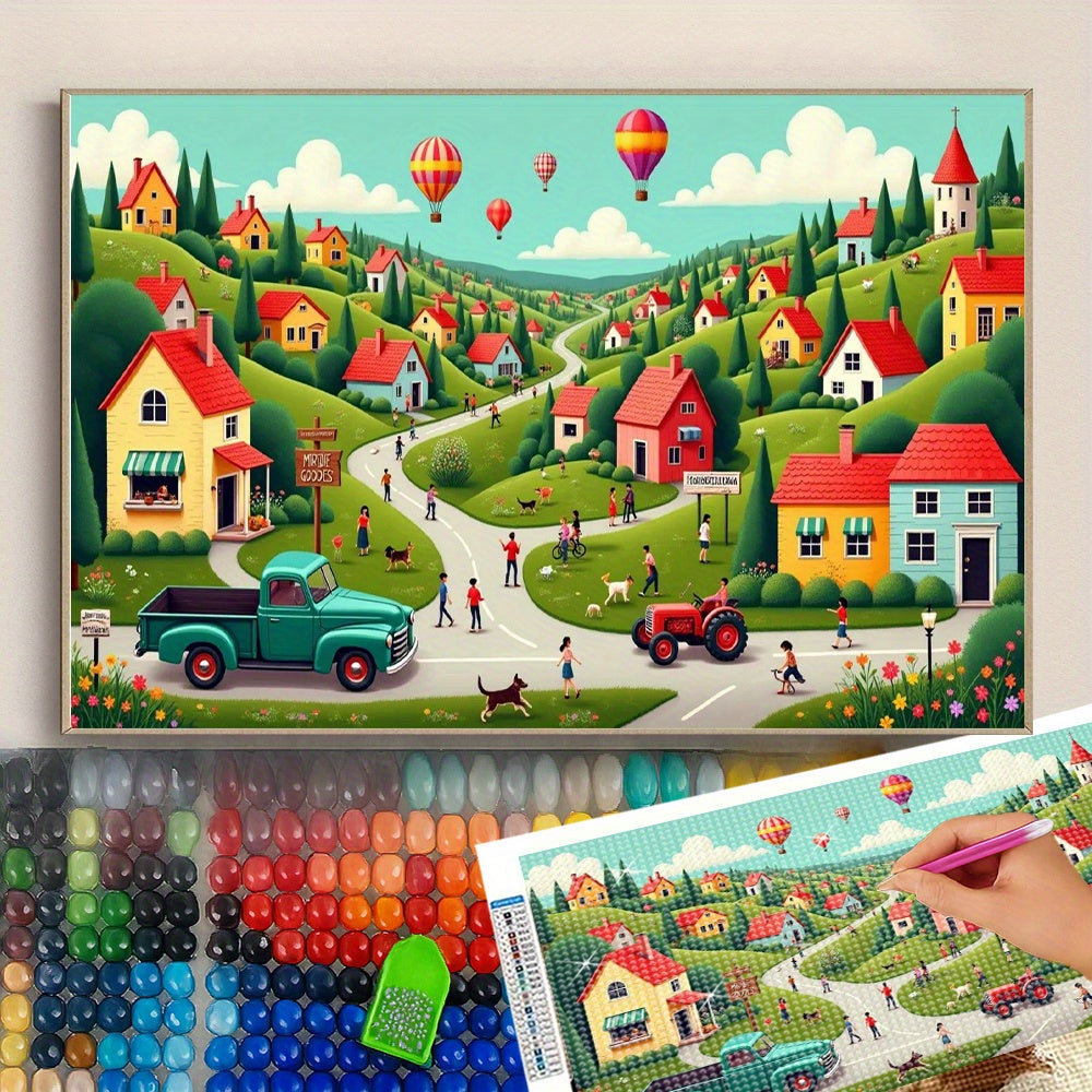 5D Diamond Painting Kit Colorful Village Scene with Hot Air Balloons