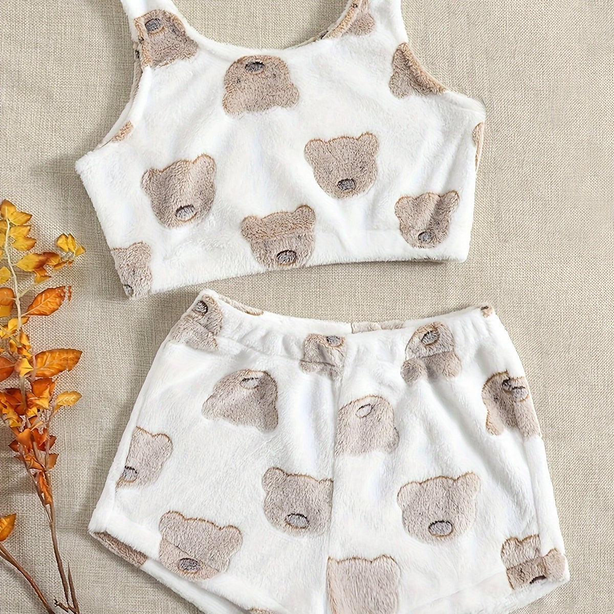  Bear Pattern Flannel Crop Tank Top & Shorts 2-Piece Set