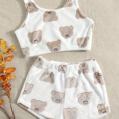  Bear Pattern Flannel Crop Tank Top & Shorts 2-Piece Set