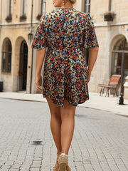  Floral Print Short Sleeve Surplice Neck Mini Dress