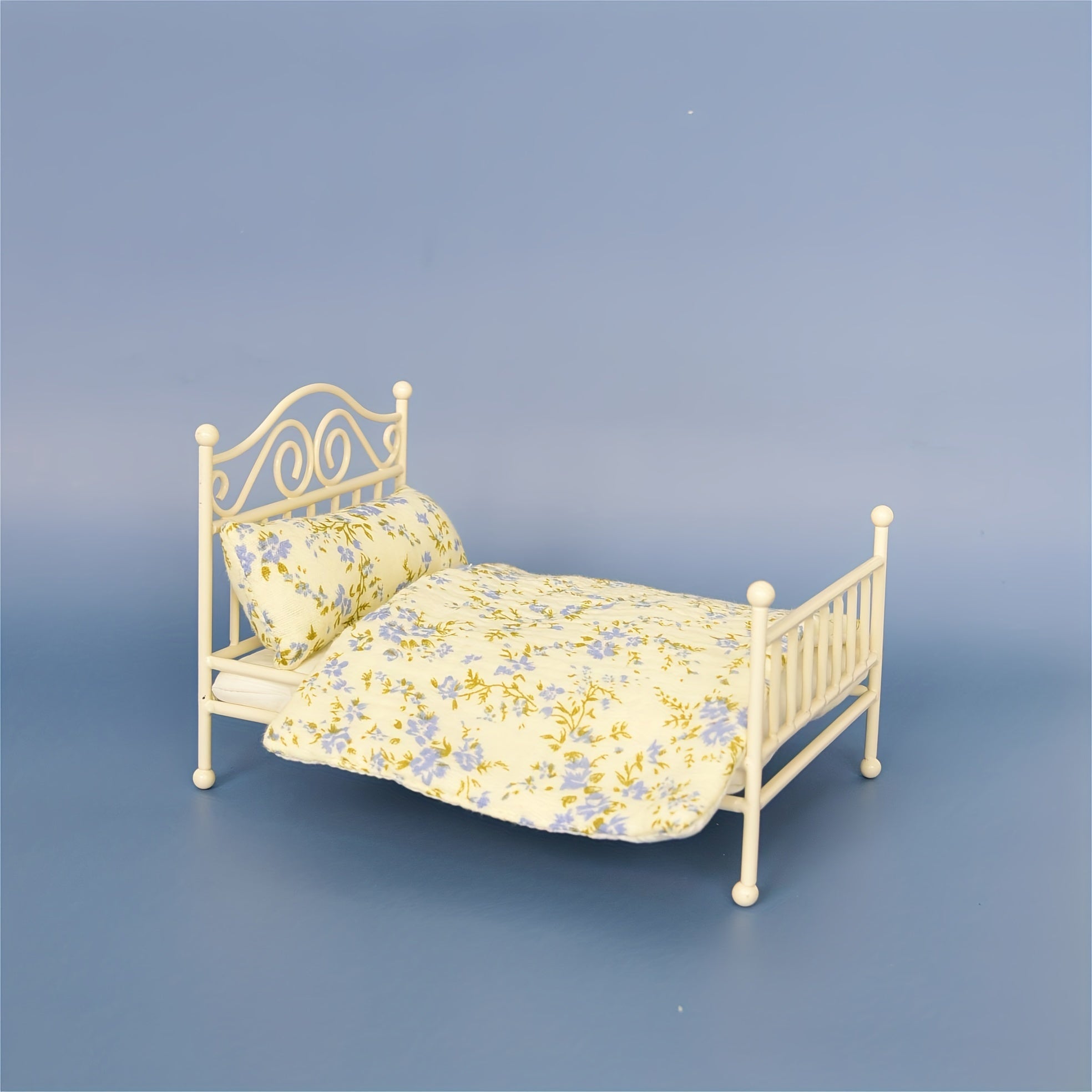 Dollhouse Metal Bed 1:12 Scale Iron Construction with Bedding