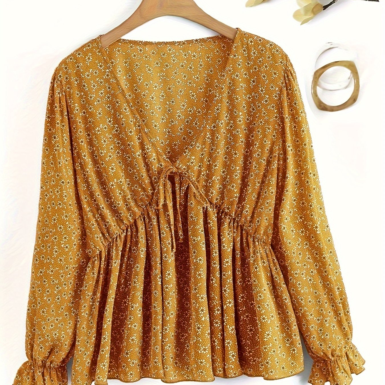  Boho Blouse Women Ditsy Floral Tie Front Flounce Sleeve Peplum Top