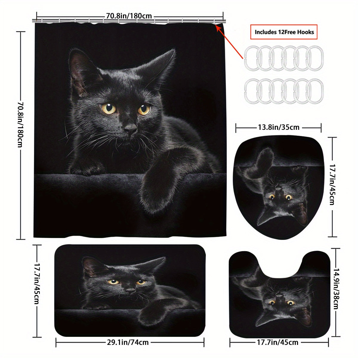 4pcs Cat Shower Curtain Set with Non-Slip Bathroom Rug