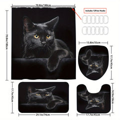4pcs Cat Shower Curtain Set with Non-Slip Bathroom Rug
