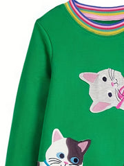 Girls' Thanksgiving Applique Dress, Green Cat Cartoon, 2-8Y