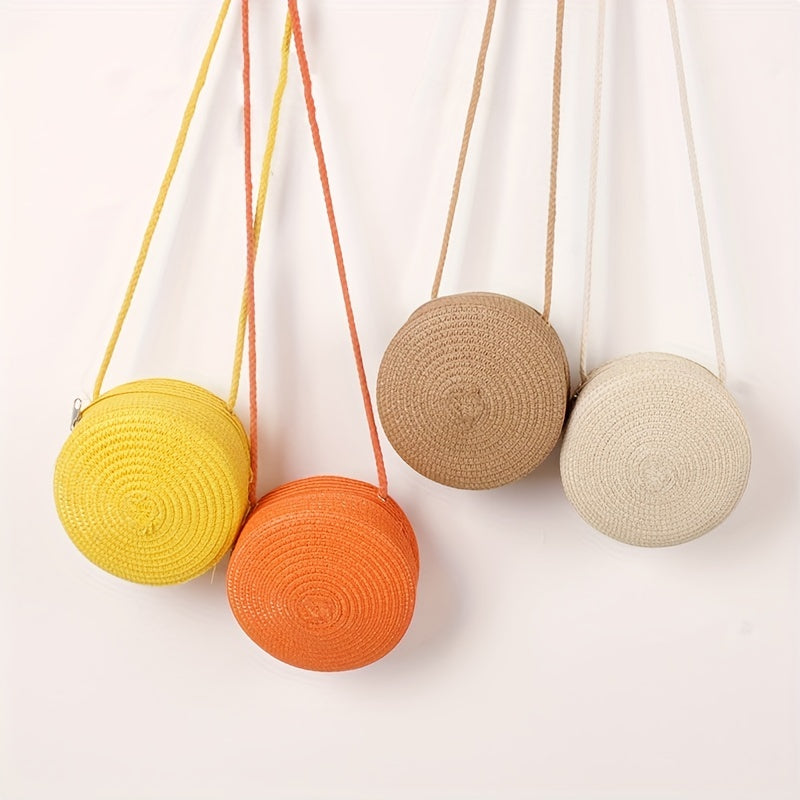 Straw Round Beach Crossbody Bag Solid Casual Summer Woven Handbag