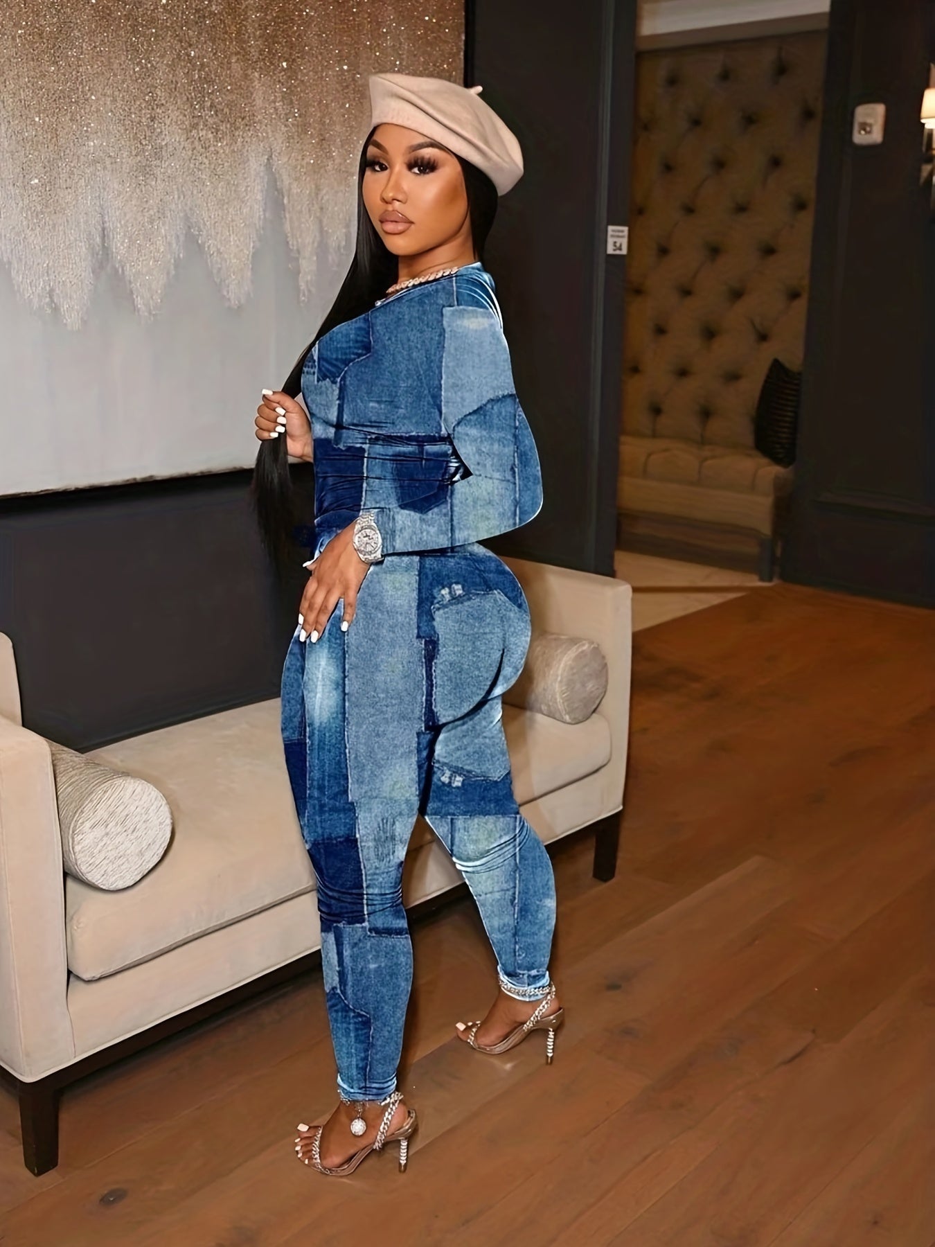 Women's Plus Denim Print Top & Tie Front Pants Two Piece Set